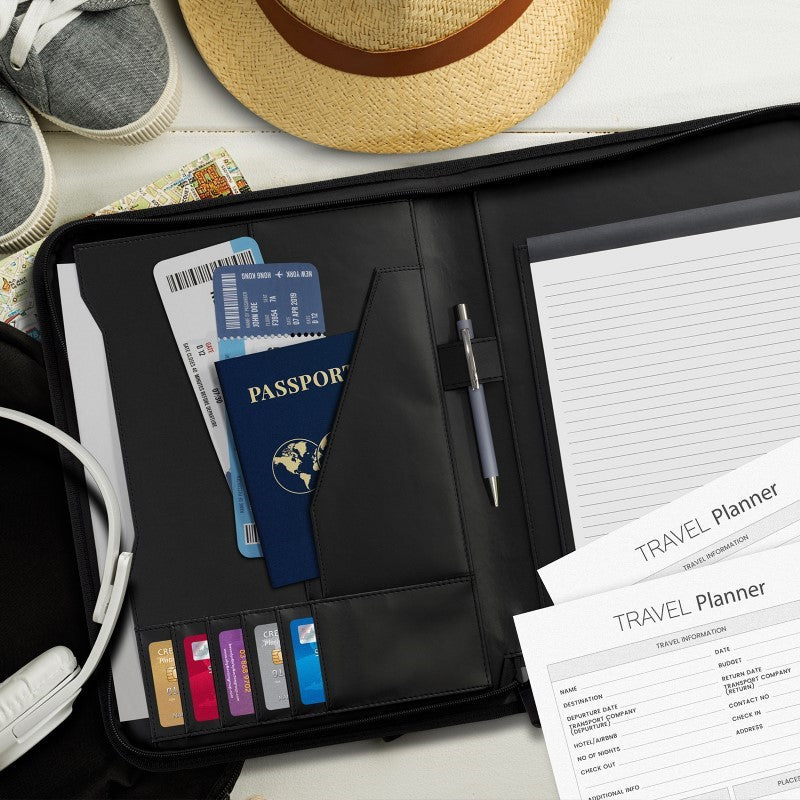 Sleek black A4 Travel Portfolio with zipped closure, foldaway handles, multiple document pockets, and pen loops for organization.