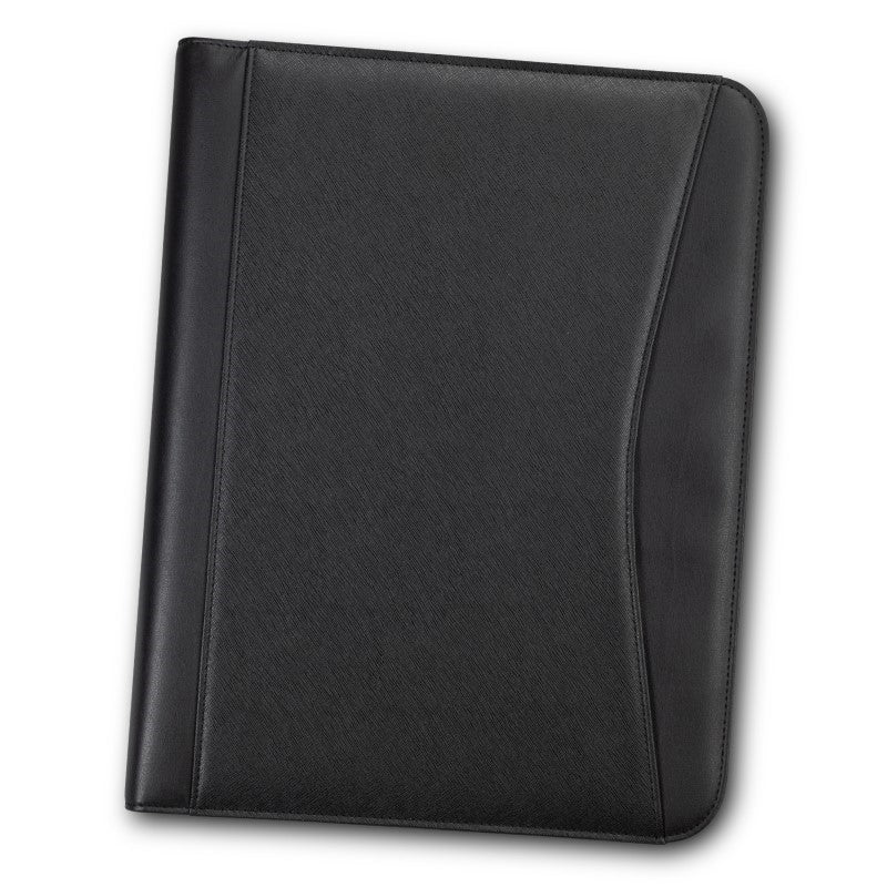 Black Carrington A4 Portfolio with zippered closure, removable binder, multiple pockets, and pen loops for professional organization.