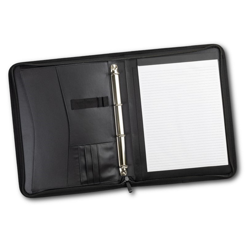 Black Carrington A4 Portfolio with zippered closure, removable binder, and multiple pockets for documents and cards.
