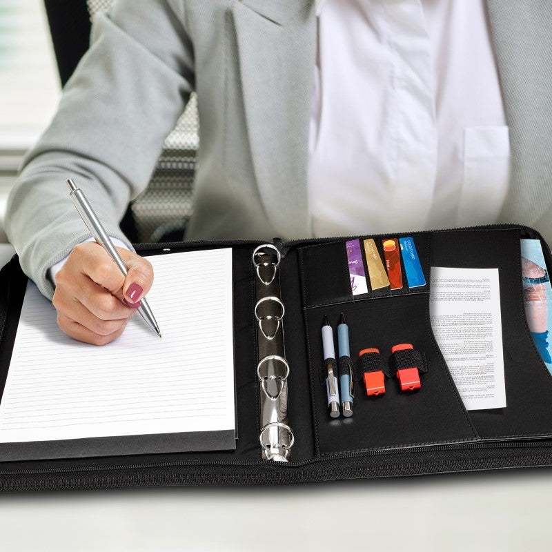 Elegant black A4 portfolio with zippered closure, featuring multiple pockets and a removable binder for efficient organization.