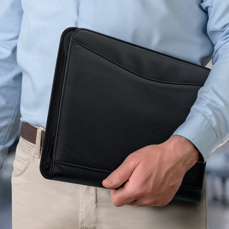 Sleek black A4 portfolio with zip closure, removable binder, and multiple pockets for documents and business cards.