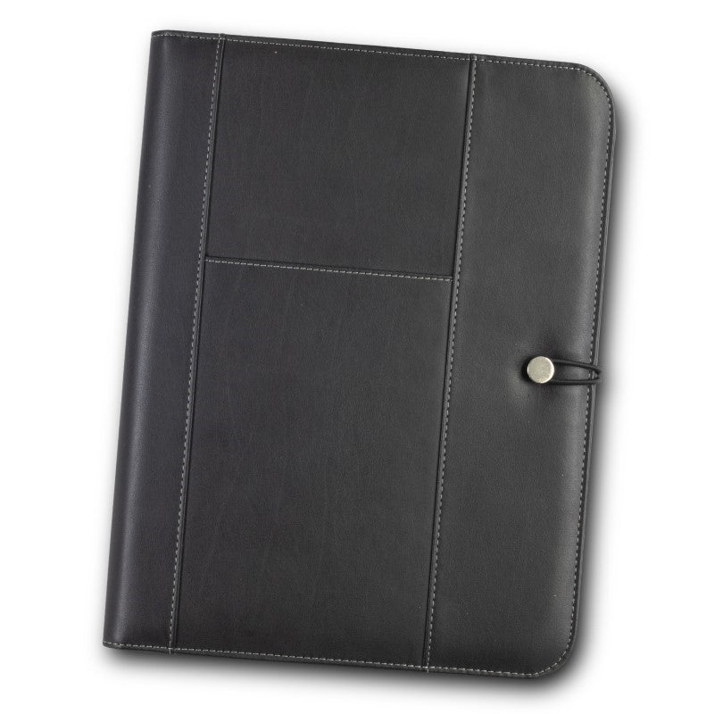 Sleek black A4 portfolio with a thermo PU finish, featuring multiple pockets and a secure closure for professionals and students.