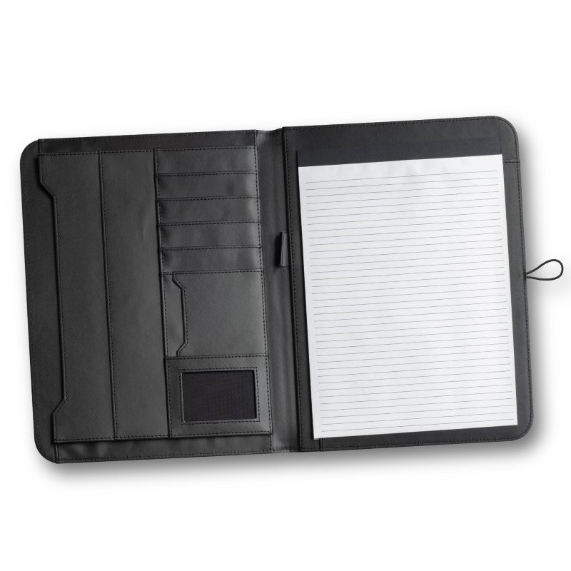 Sleek black A4 portfolio with premium finish, secure closure, and organized storage for documents and business cards.
