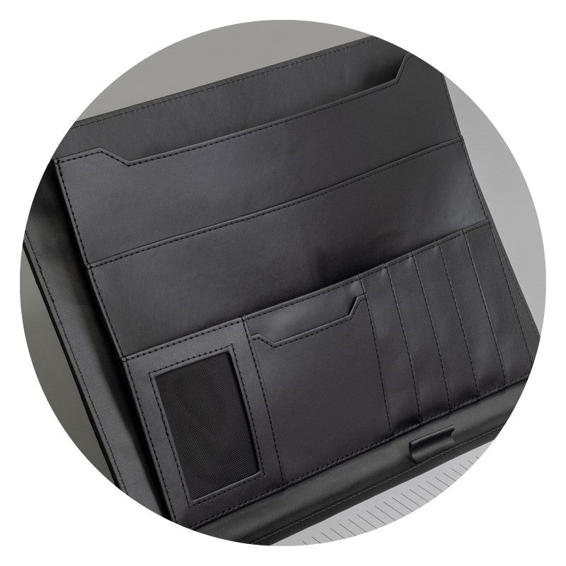 Sleek black A4 portfolio with metal closure, multiple pockets, and notepad, ideal for professionals and students.