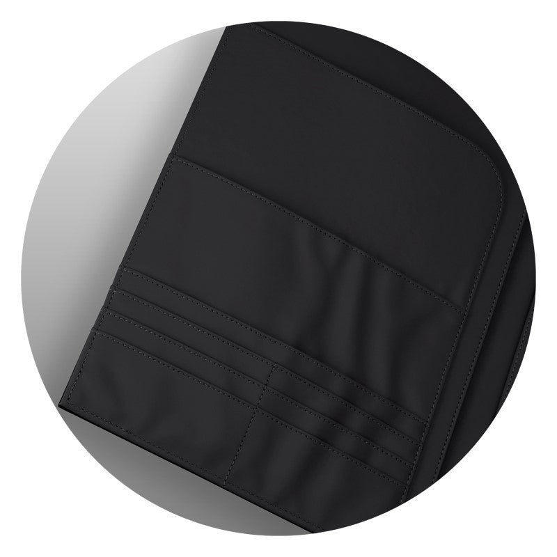 Elegant black A4 portfolio with a dome closure, pen loop, notepad, and multiple pockets for documents and business cards.