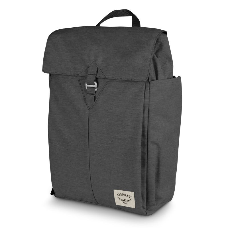 Sleek black Osprey Arcane Flap Backpack with padded laptop sleeve, eco-friendly design, and stylish organizational features.
