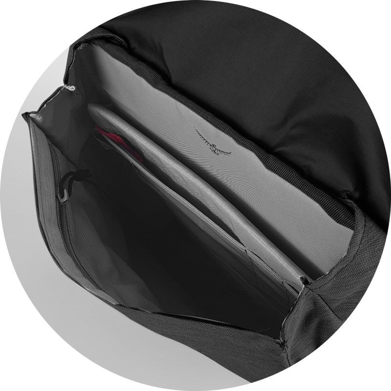 Sleek black Osprey Arcane Flap Backpack with padded laptop sleeve, eco-friendly materials, and stylish design for modern adventurers.