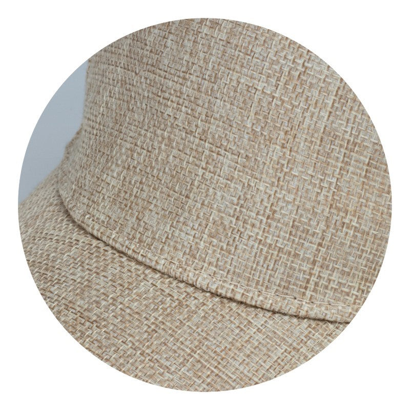 Set of 10 lightweight five-panel caps in natural linen-look polyester with adjustable brass buckle closure and pre-curved peak.