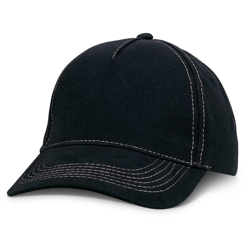 Set of 10 Raven Black/White caps with 5-panel design, adjustable buckle, and stylish matching stitching for custom logos.