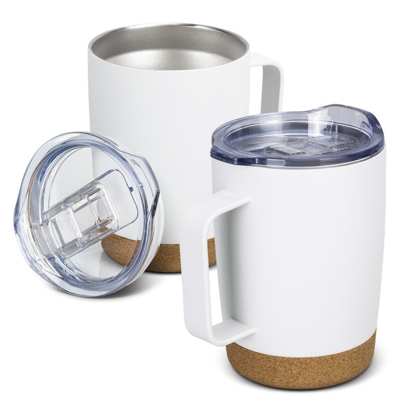 Sleek white 350ml vacuum mug with cork base, sliding lid, insulated steel design, ideal for travel and gifting.