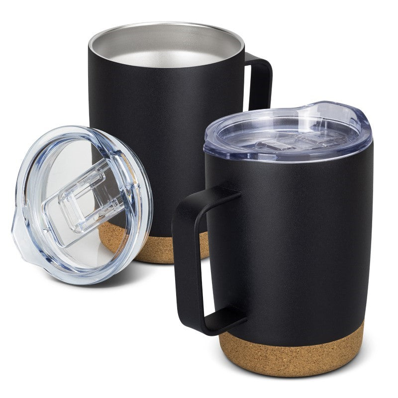 Elegant black 350ml vacuum mug with cork base, sliding lid, and double-wall insulation for hot beverages on the go.
