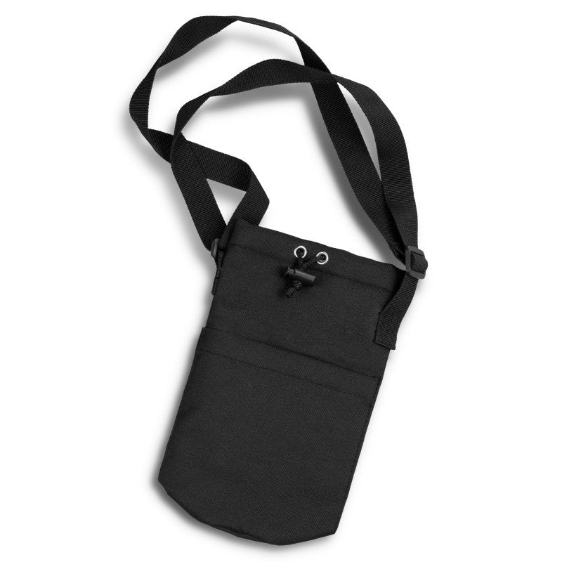 Set of 10 black bottle sling bags made from 600D polyester, featuring cooling insulation and adjustable straps for outdoor use.