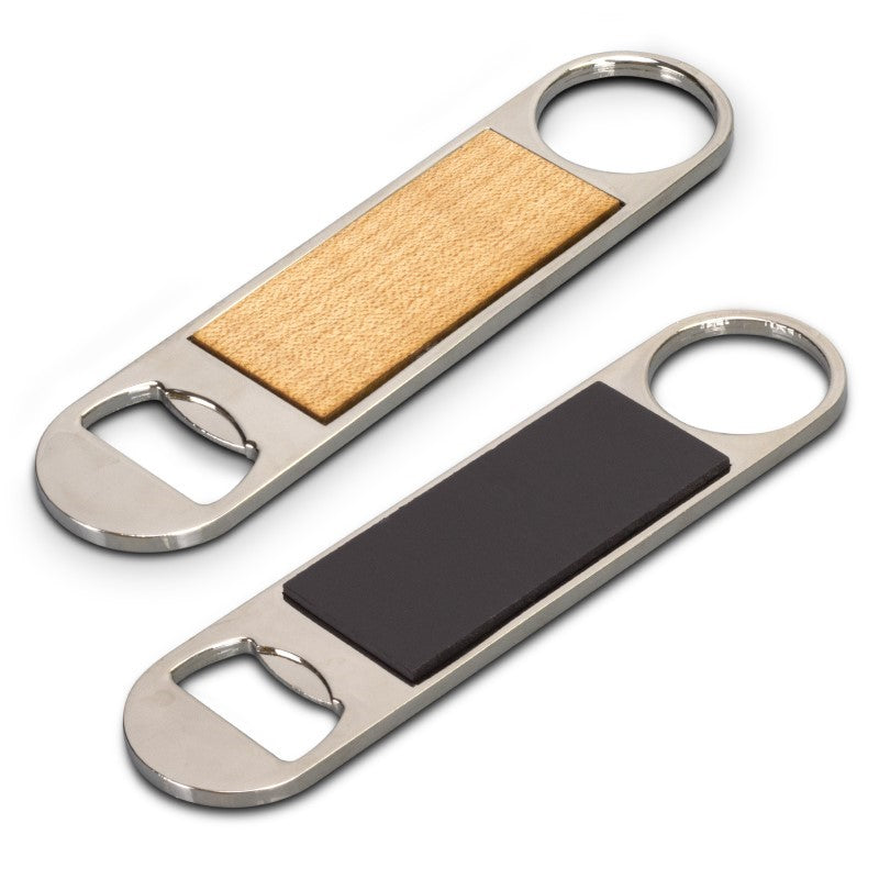 Set of 10 Bronx Silver/Natural magnet bottle openers featuring sleek metal blades and wooden fronts for stylish beverage opening.