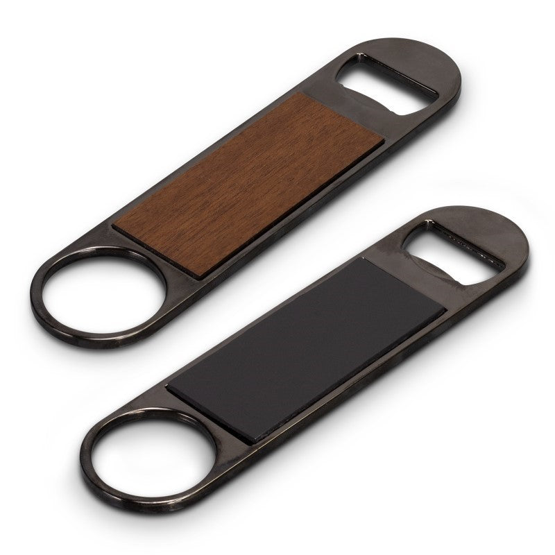 Set of 10 stylish gunmetal bottle openers with wooden front, magnetic back for easy storage, elegantly boxed.