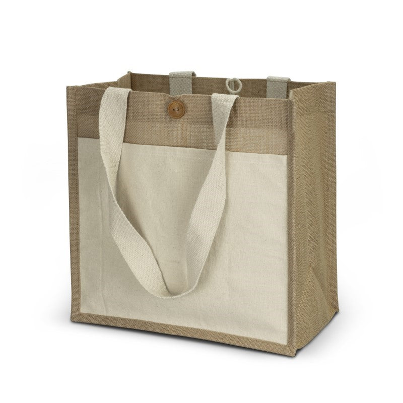 Set of 10 stylish jute tote bags with wooden button, cotton pocket, and long woven handles for eco-friendly convenience.
