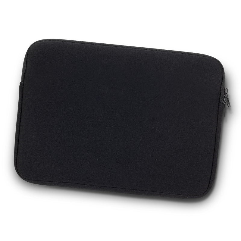 Sleek black neoprene device sleeve for laptops/tablets up to 12", featuring a front zipped pocket for accessories.
