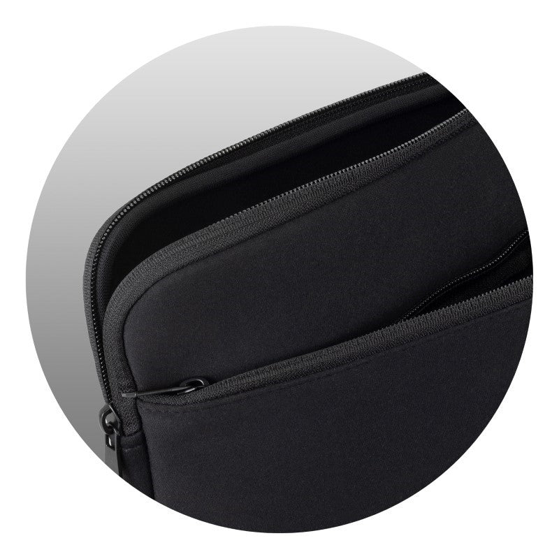 Sleek black neoprene device sleeve for laptops/tablets up to 12", featuring a zipped pocket for accessories.