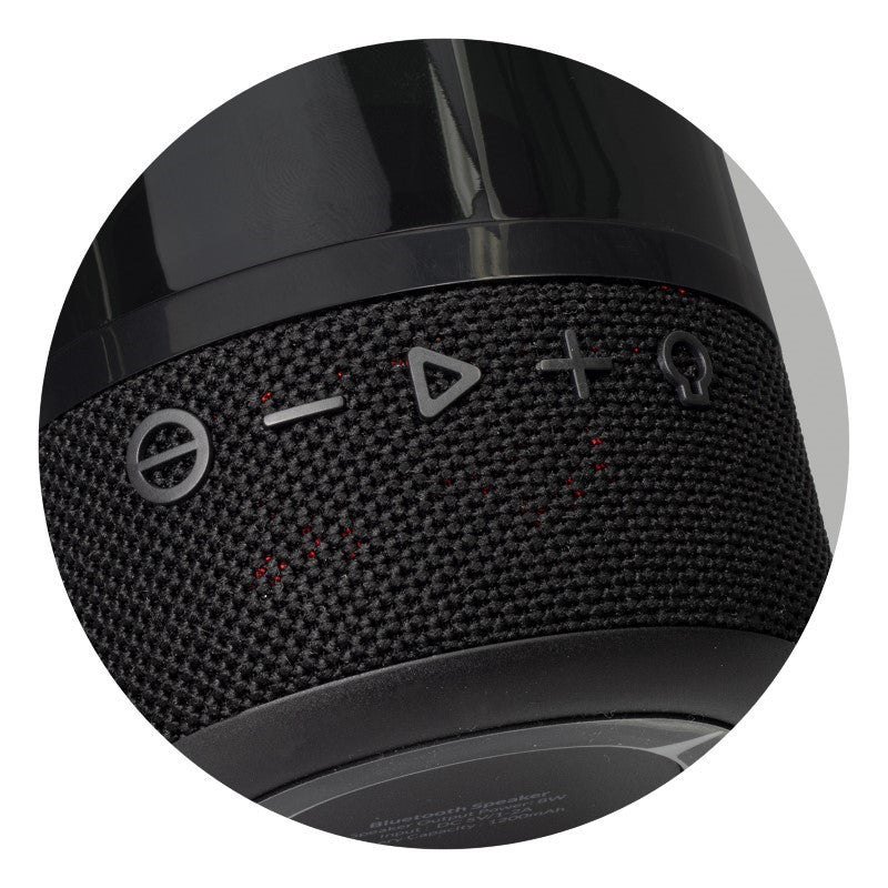Sleek black Spectrum Bluetooth speaker with 8W sound and LED light functions, perfect for portable music enjoyment.