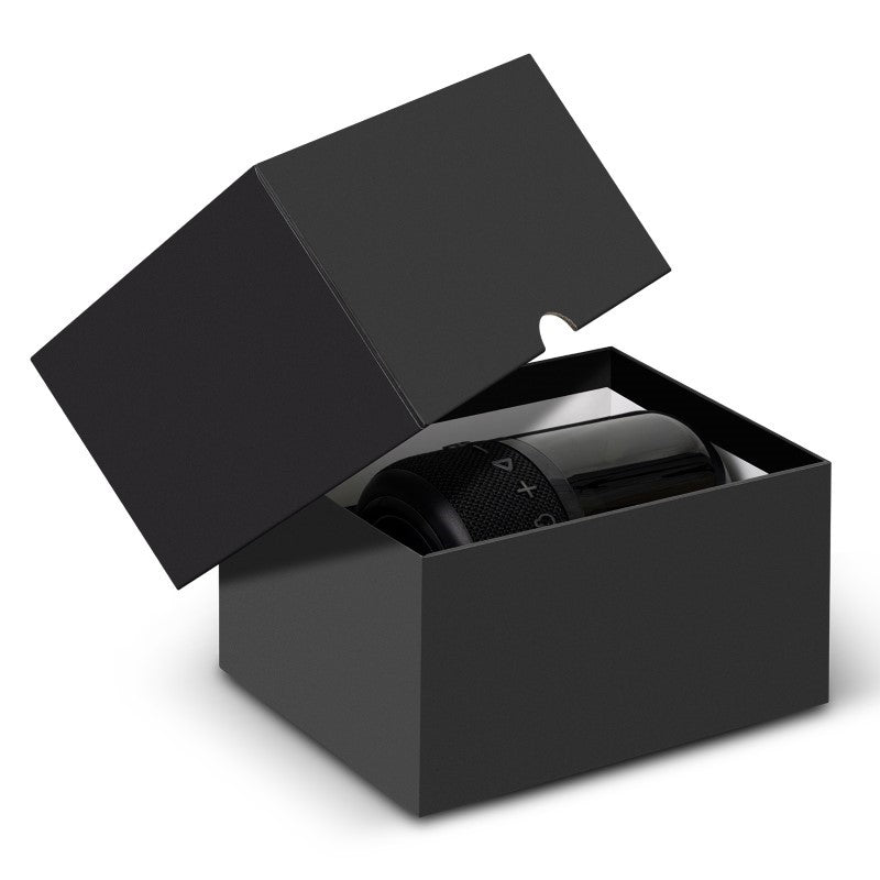 Portable black Bluetooth speaker with 8W output, LED light functions, hands-free calling, and 4-hour battery life.