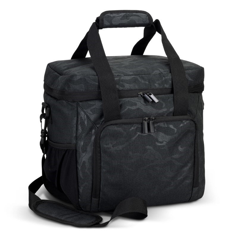 Urban Camo 17L Cooler Bag in Black with durable insulation, adjustable strap, and stylish camouflage design for outdoor adventures.