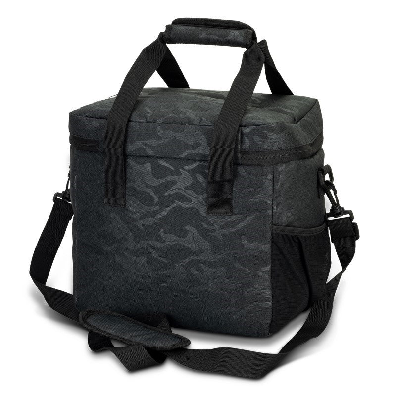 Urban Camo 17L cooler bag in black, featuring durable polyester, thick insulation, and multiple storage options for outdoor activities.