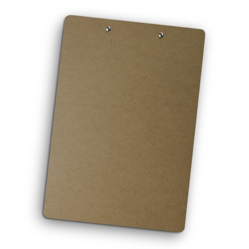 Set of 10 natural finish clipboards with metal clamps, designed for A4 documents and featuring a wall hook for storage.