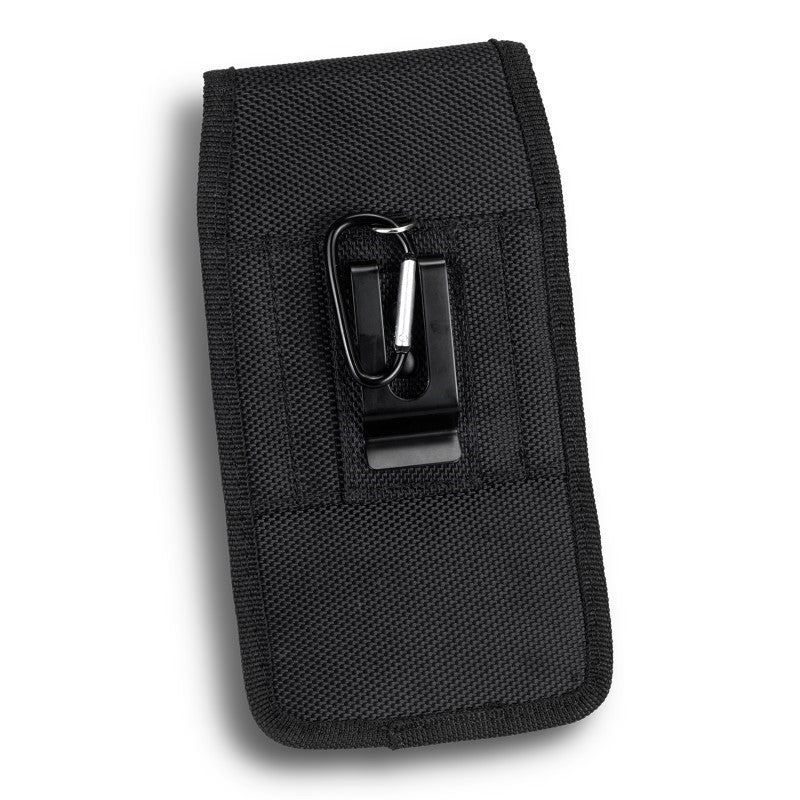 Set of 5 rugged black phone pouches for smartphones up to 6.8", made from durable 800D oxford polyester with easy access closure.