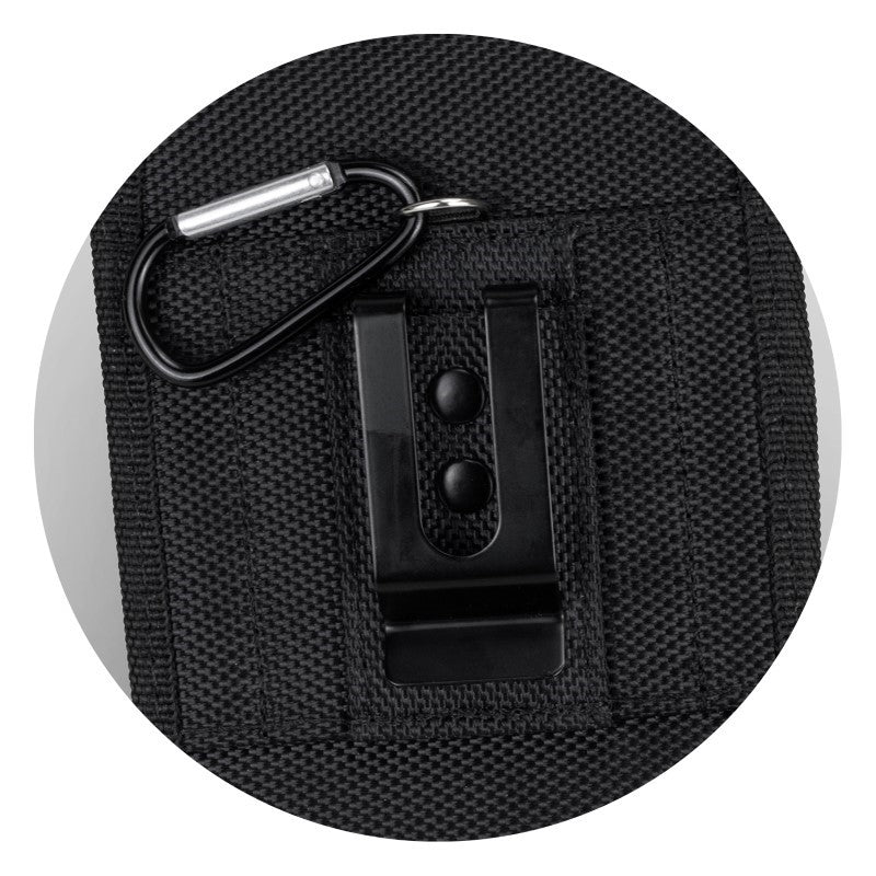 Set of 5 Knight Black Phone Pouches, durable 800D polyester, designed for smartphones up to 6.8 inches, with clip attachment.