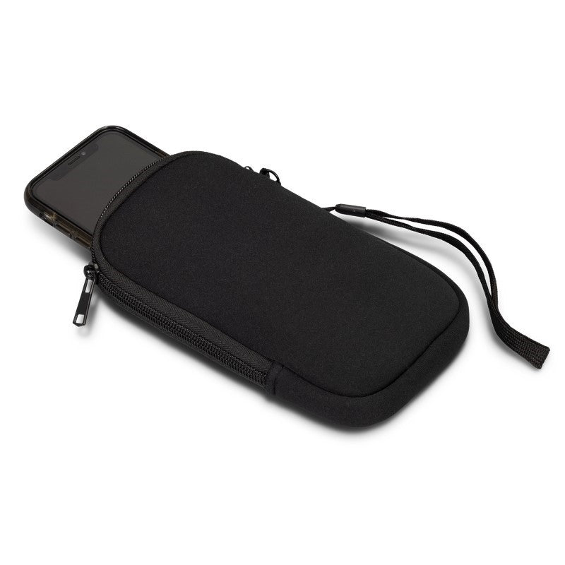Set of 10 stylish black neoprene phone sleeves with double-zip closure and wrist strap for smartphones up to 6.8 inches.