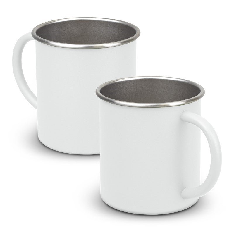 Set of 10 white Campster mugs, 350ml each, made of durable stainless steel with comfortable handles for outdoor and indoor use.