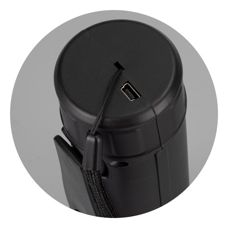 Sleek black Dynamo rechargeable torch with LED, crank charging, and USB port, ideal for camping and emergencies.