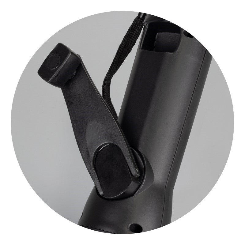 Sleek black rechargeable torch with USB and crank charging, featuring a powerful LED and compact design for outdoor adventures.