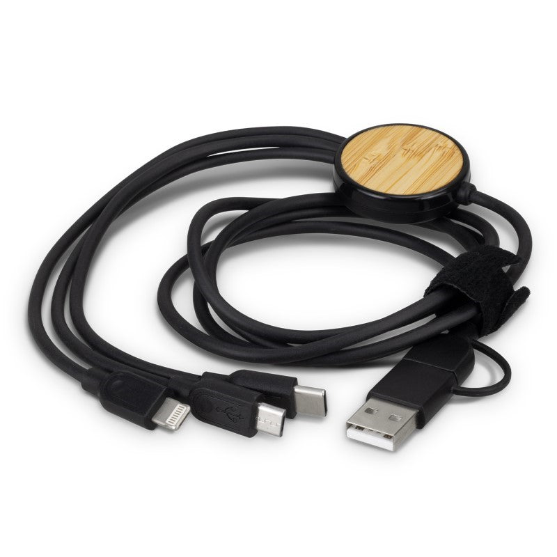 Set of 10 eco-friendly triple connector cables with bamboo hub, featuring Type-C, Micro-B, and Lightning connectors.