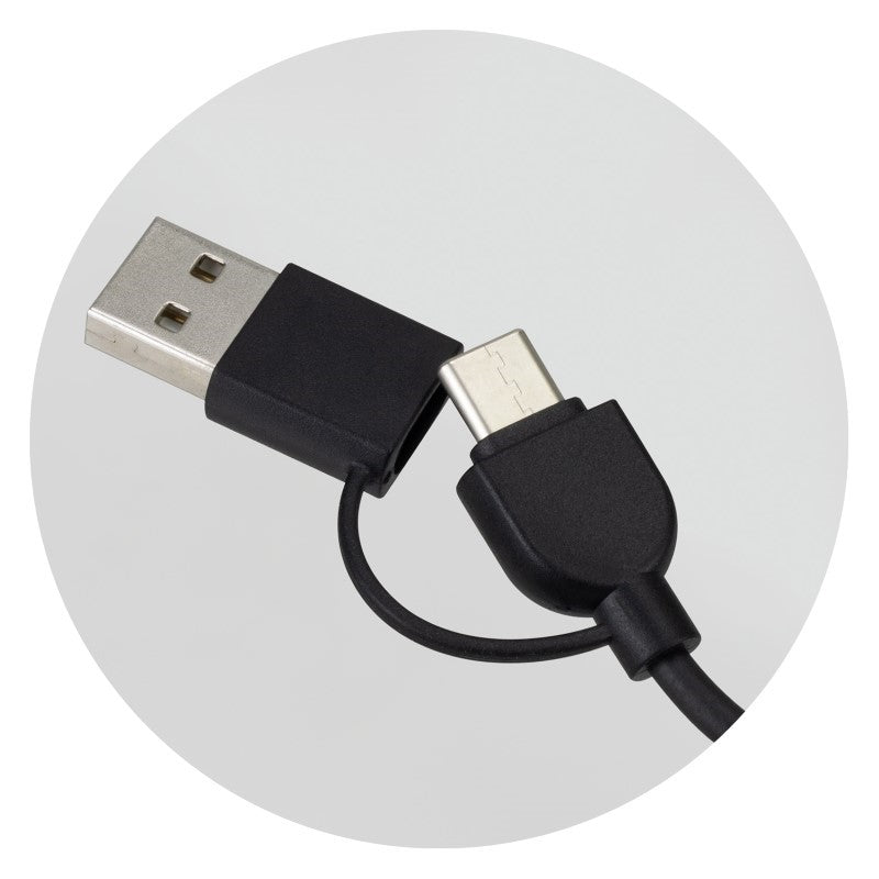 Set of 10 eco-friendly Triple Connector Cables featuring bamboo hub, versatile connectors, and velcro tie for organization.