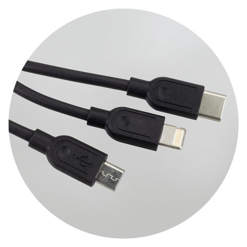 Triple Connector Cable set featuring sustainable bamboo design and versatile connections for efficient charging of multiple devices.