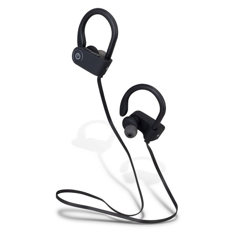 Bluetooth Earbuds Runner in black with neck strap, silicone hooks, up to 10 hours playtime, ideal for active lifestyles.
