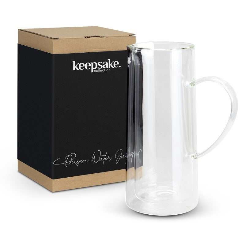 Clear borosilicate glass water jug with double-wall insulation, 730ml capacity, ideal for stylish serving and gifting.