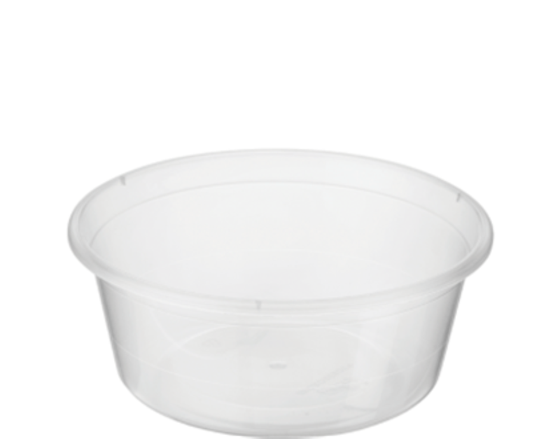 Clear plastic round takeaway containers, 280ml, pack of 100, microwave-safe, ideal for hot and cold food storage.