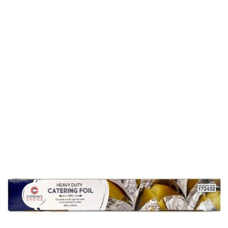 Heavy-duty foil roll 44cm x 90m, 14.5mu, in a convenient dispenser box with cutter for easy food wrapping and catering.