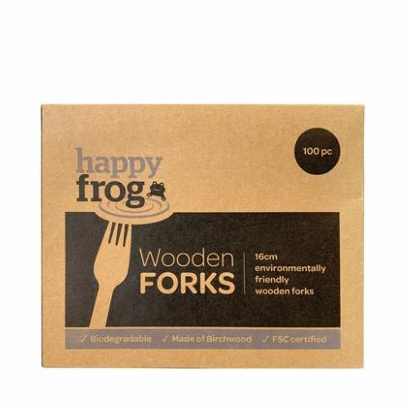 100 eco-friendly 16cm birch wooden forks by Happy Frog, perfect for events and biodegradable for a sustainable choice.