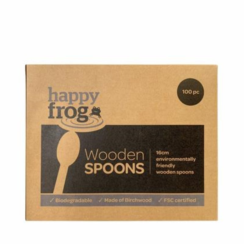 Biodegradable 16cm wooden dessert spoons made from sustainable birch wood, 100PC pack by Happy Frog.