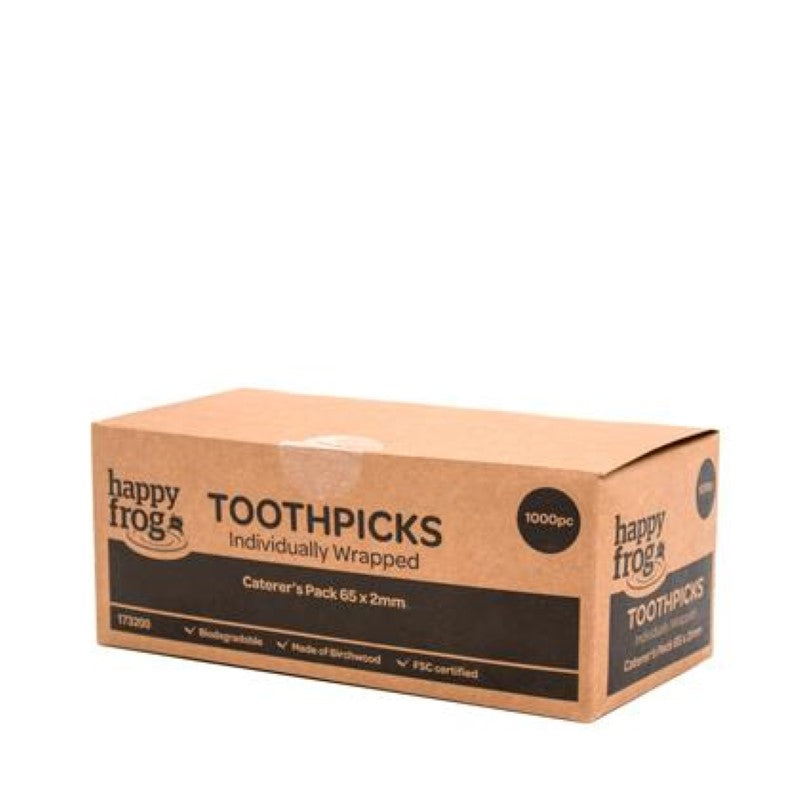 Individually wrapped eco-friendly toothpicks by Happy Frog, perfect for hygienic use in homes and restaurants. 1000 pieces.