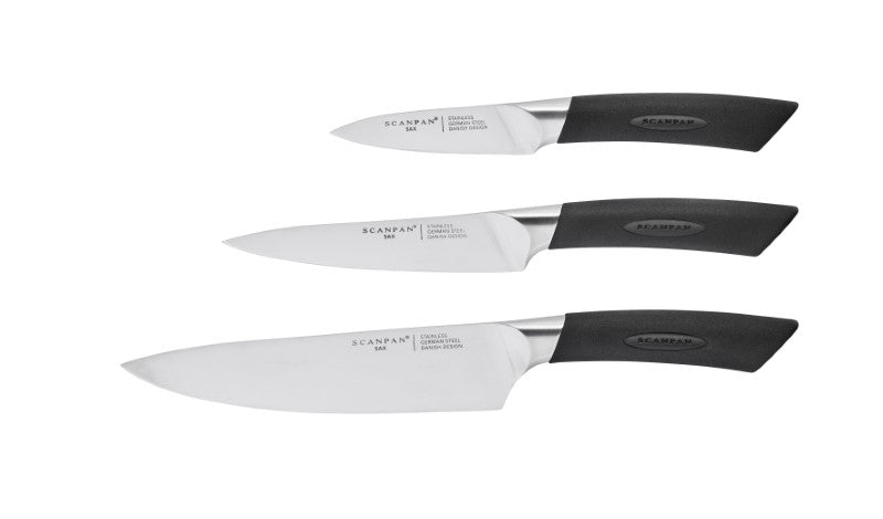 Chef Knife Set - Scanpan Sax (3Pc) featuring a chef's, utility, and paring knife for precision cutting and ergonomic handling.