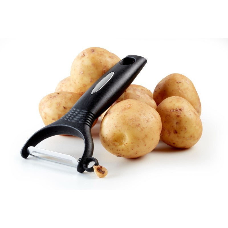 Classic Y Peeler by Scanpan with sharp stainless steel blade, smart eyelet feature, and anti-slip grip for effortless peeling.