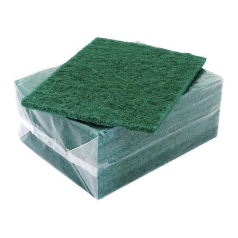 Green scouring pads (200x145mm) by Bastion; 10-pack effective for scrubbing tough stains without scratching surfaces.