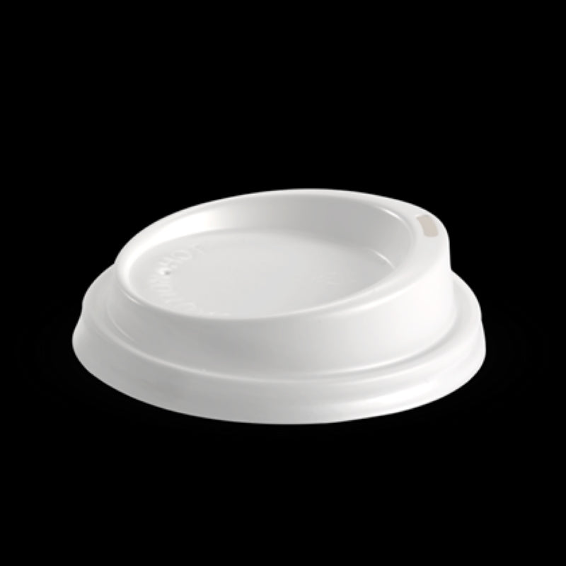 White plastic lids for 80mm hot cups by Biopak, pack of 50, eco-friendly design for coffee and tea takeaway drinks.