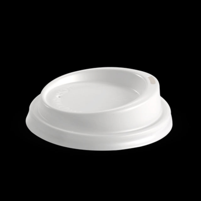 White plastic lids for 80mm hot cups by Biopak, pack of 50, eco-friendly design for coffee and tea takeaway drinks.