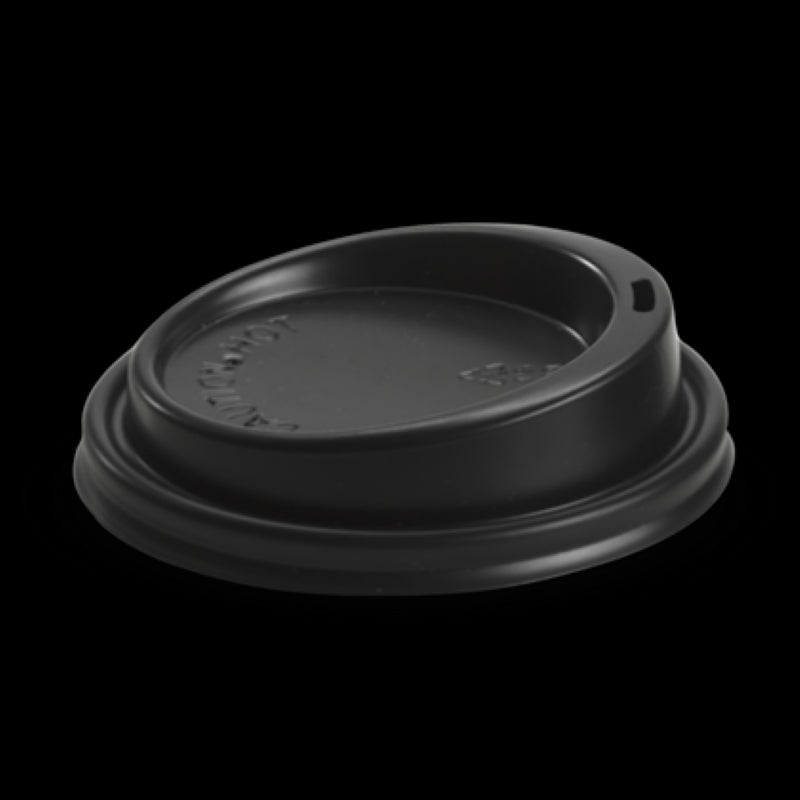 Black plastic lids for hot cups, 90mm size, 50-pack by Biopak; spill-proof, recyclable, and stylish for beverage service.