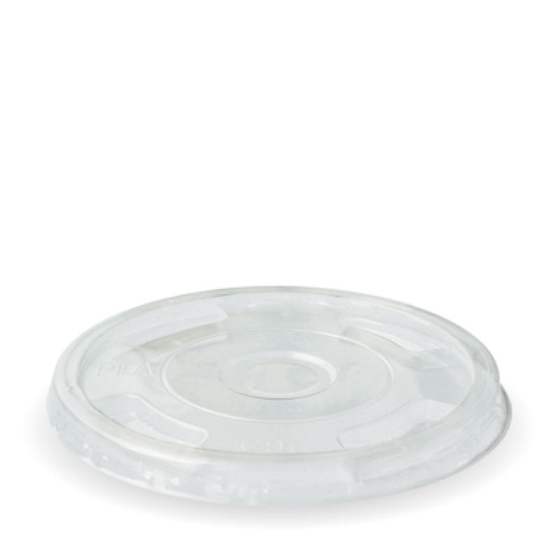 Eco-friendly bioplastic flat half-moon lids for 300-700ml containers, ensuring freshness with a sustainable touch. Pack of 100.
