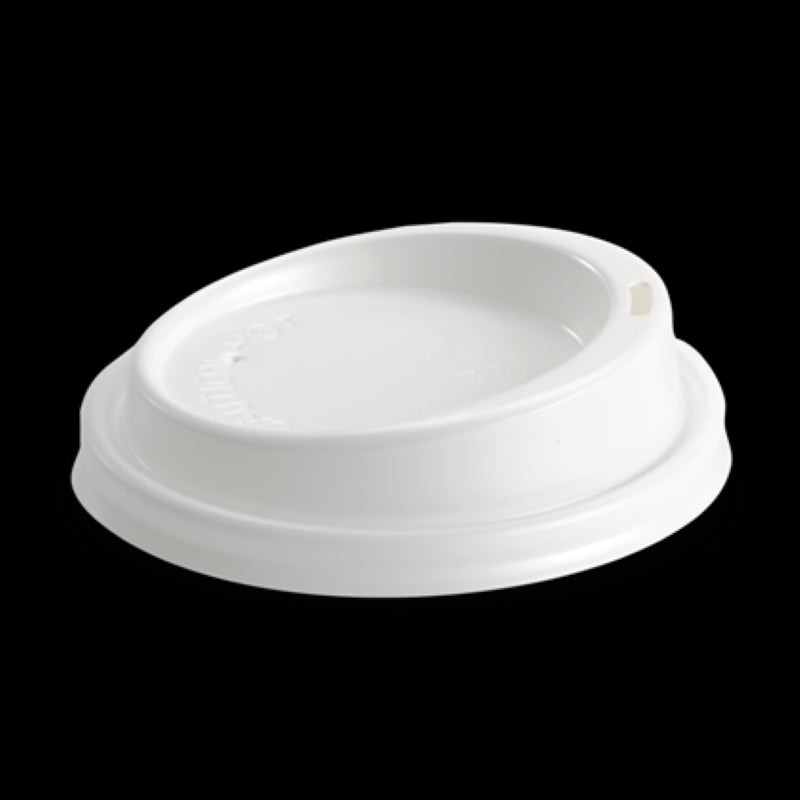 White plastic lids for 90mm hot cups, 50-pack by Biopak, ideal for secure takeaway beverage transport.